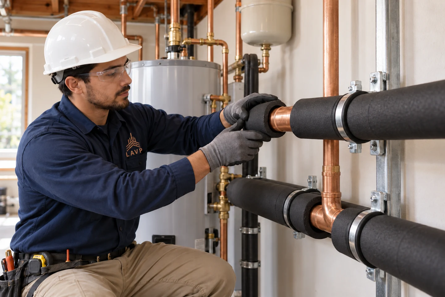 Imagen ilustrativa de profesional LAV con uniforme azul marino y protección personal colocando aislamiento térmico negro sobre una tubería de cobre para agua caliente